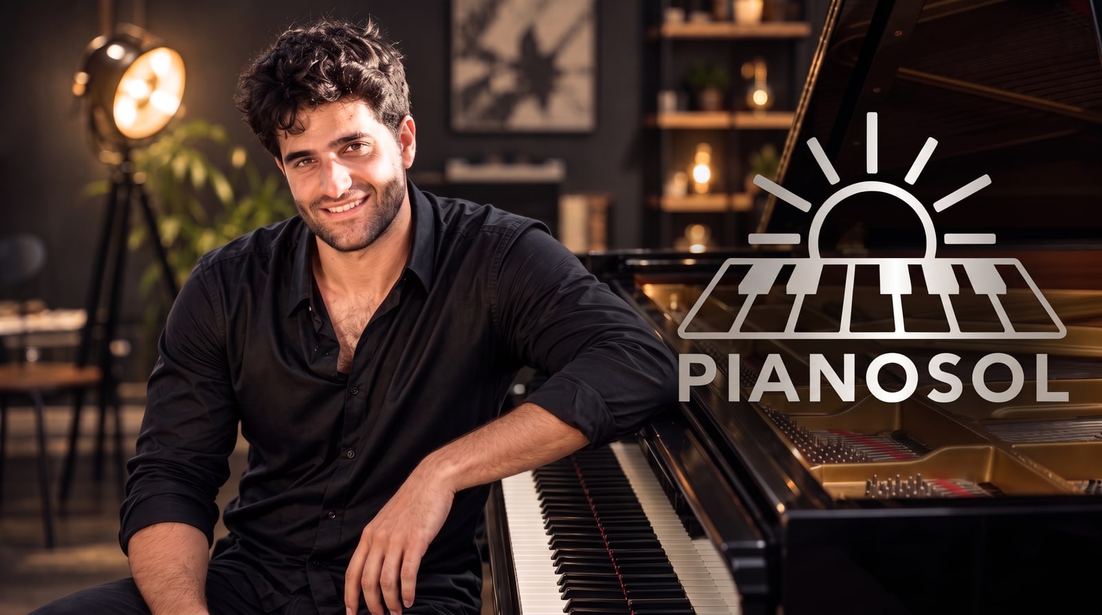 Yoel sentado junto a su piano de cola, con el logotipo de Pianosol